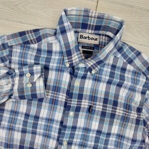 Barbour Button Down Shirt Mens Large Blue Plaid Tailored Fit Long Sleeve Cotton
